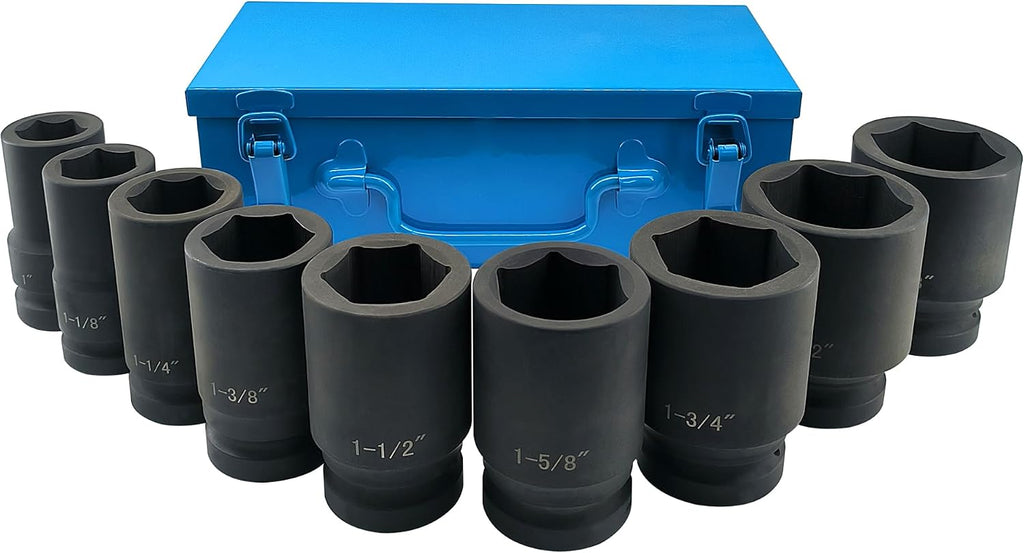 1 Inch Drive Deep Impact Socket Set, 9 Pieces Jumbo Impact Socket Sets, SAE 1' to 2', Chrome Steel, 6-Point Design, Metal Case