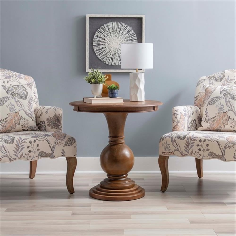 MAKLAINE Round Accent Table, 26.5' High, Engineered Wood, Rustic Natural Finish, Turned Pedestal, Stepped Base, Compact Design, Decorative Display or End Table for Living Room, Bedroom, Small Spaces