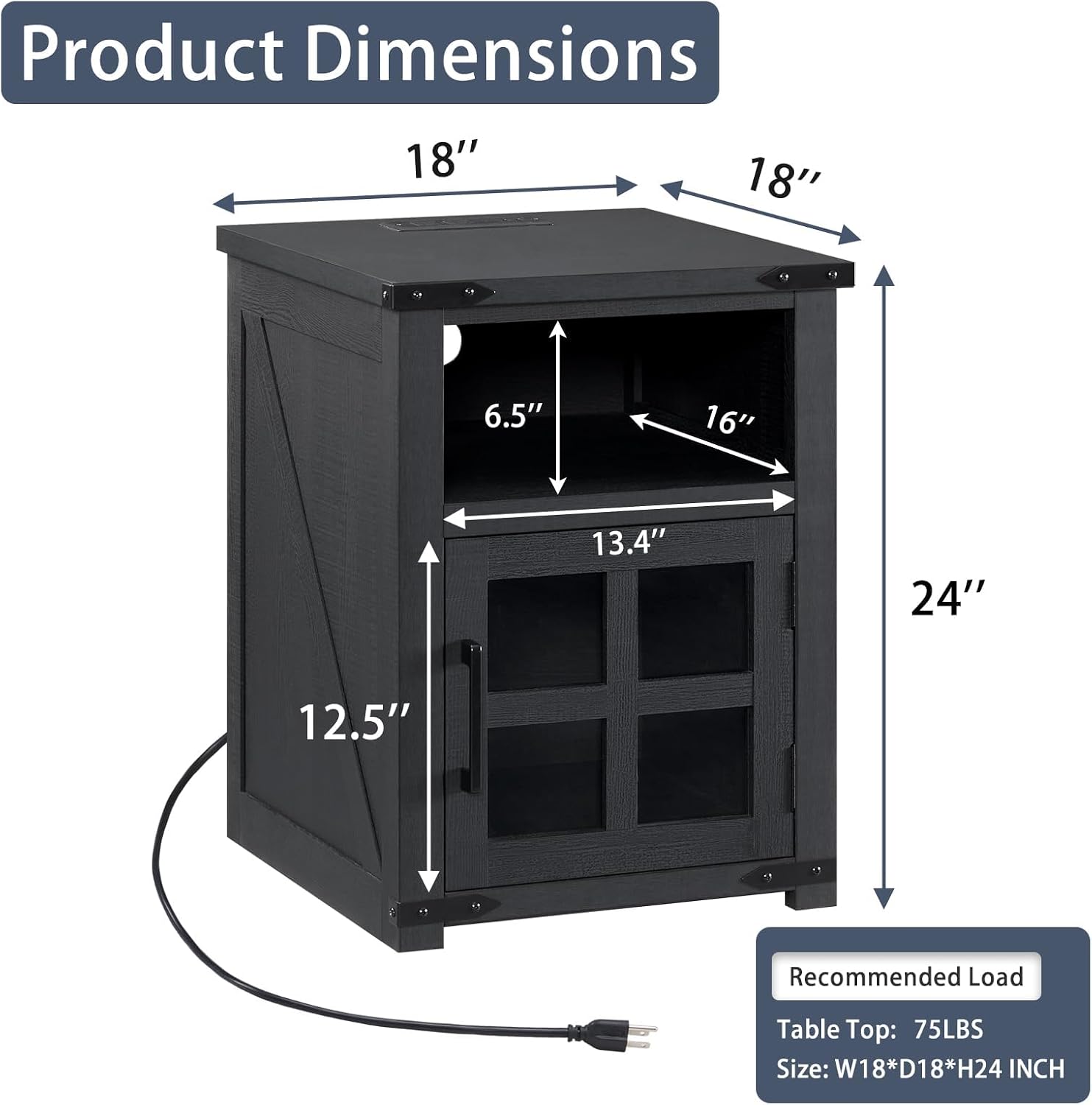 Barnyatoh Farmhouse Nightstand with Charging Station, Rustic End Table with Tempered Glass Barn Door, Wood Sofa Side Bedside Table with Open Storage Shelf for Living Room, Bedroom, Black, 2 Pack