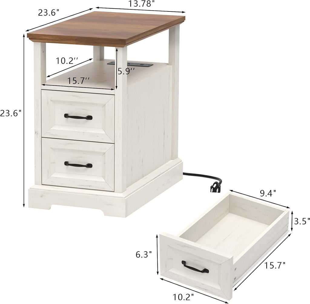 HOMMPA 23.6'' Farmhouse End Table with Charging Station Set of 2, Rustic Night Stand w/ 2 Drawers & Open Shelf, Wood Sofa Side Table Bedside Table for Living Room, Roman Column Design, Rustic White