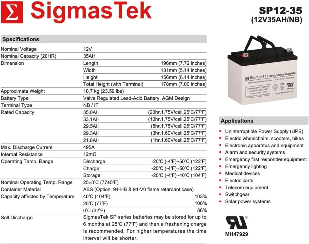 SigmasTek Merits Pioneer 3 S131 Mobility Scooter 12V 35AmpH U1 Size Replacement Battery Pack Set of 2, 12V 35Ah U1 Size