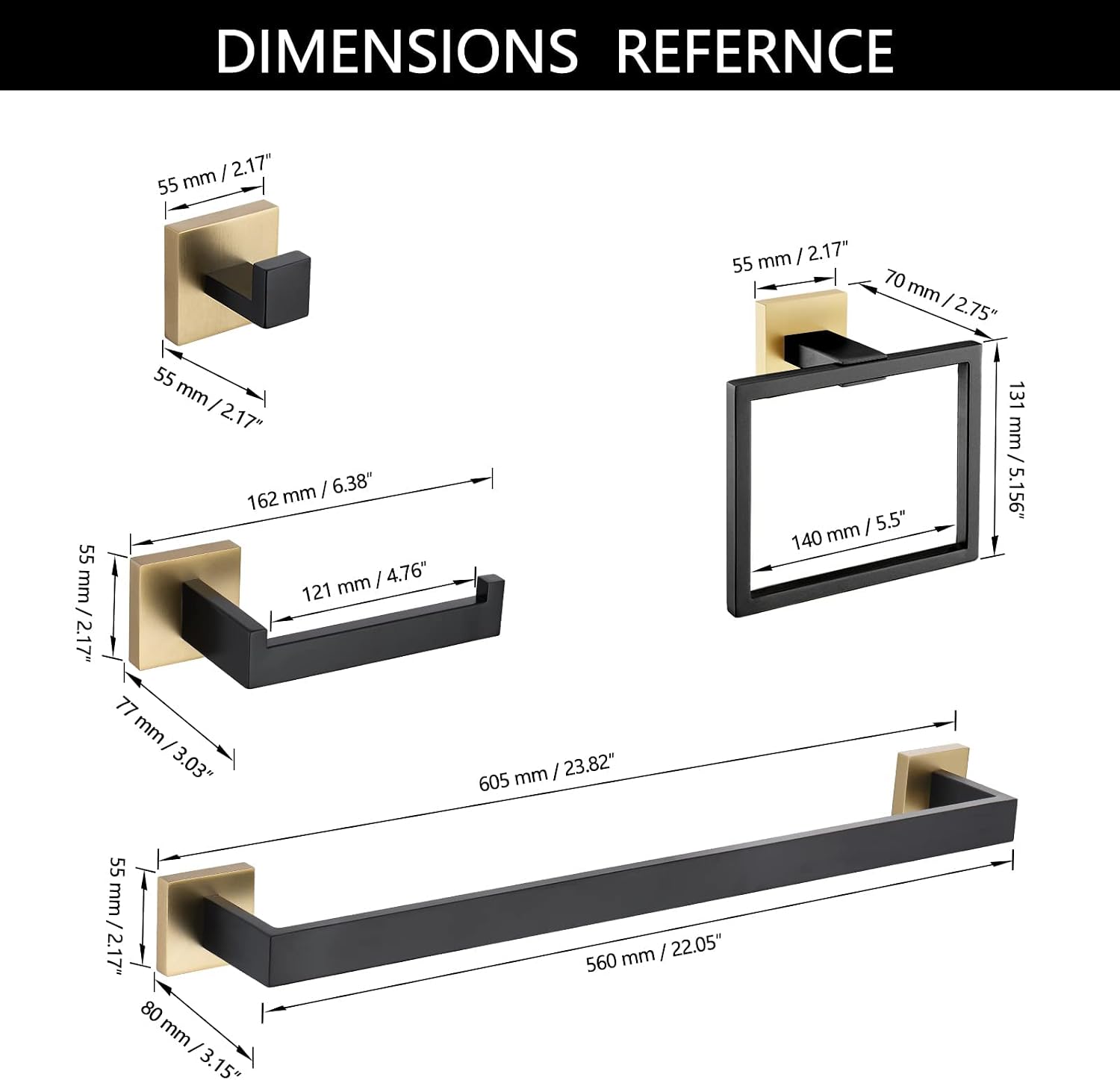 5-Piece Modern Bathroom Hardware Set, Stainless Steel Towel Bar Set with Robe Hook, Matte Black & Gold Finish
