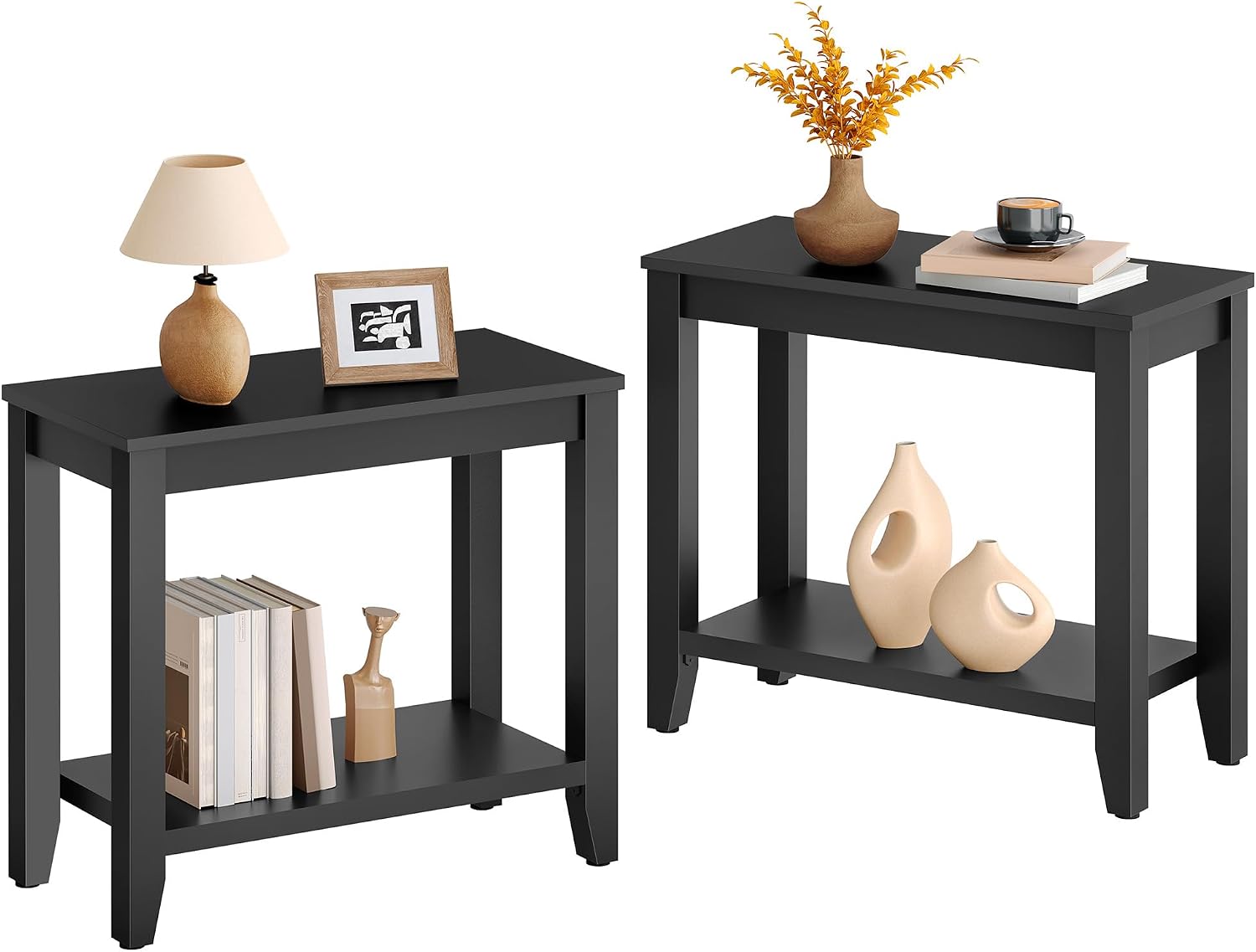 Hoctieon End Table with Double Storage Shelves, Sturdy Wooden Side Table for Living Room, Bedroom, Modern Nightstand Sofa Table for Small Spaces, Black, Set of 2