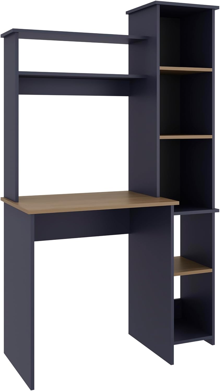 TUHOME Versalles Writing Desk with Large Monitor Shelf,Keyboard Tray and Five Side Open Storage Compartments,Modern Space-Saving Office Desk for Studios,Workspaces or Bedrooms, Functional Organization