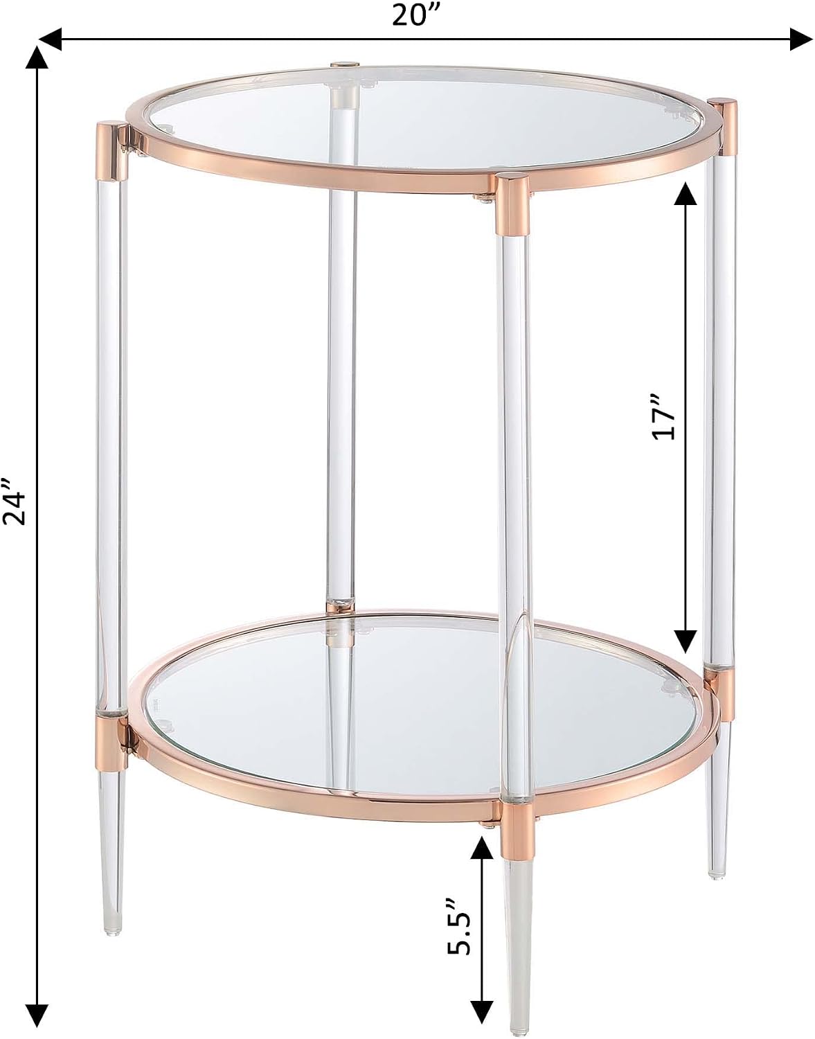 Convenience Concepts Royal Crest 2 Tier Acrylic Glass End Table, Rose Gold/Glass