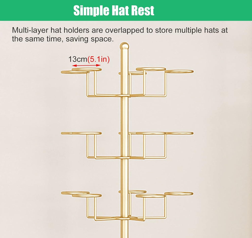Hat Display Stand Floor Standing Gold Hat Racks Organisers with Wheels, Commercial Multi-Layer Hat Holder Stand for Cowboy/Baseball Caps, Large Capacity