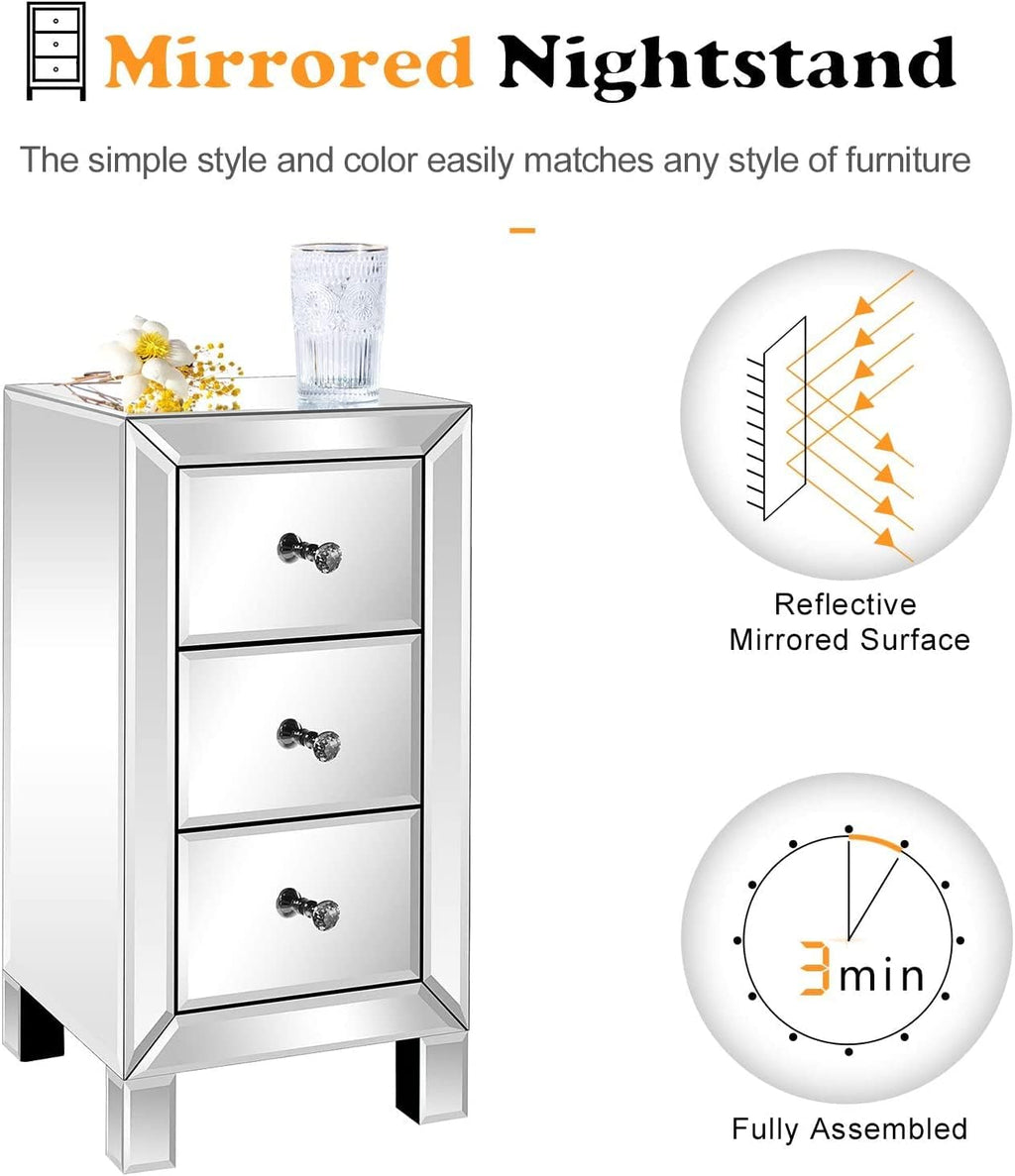 Bonnlo 3-Drawer Mirrored Nightstand Set of 2, End Table, Bedside Table, Glass Nightstand for Bedroom, Living Room, Silver, 11.7' L x 11.8' W x 23.8' H