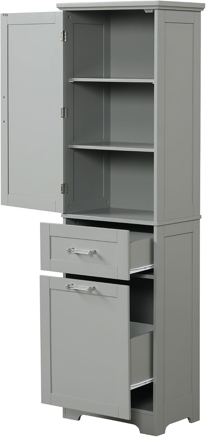 Bathroom Storage Cabinet with Adjustable Shelf, 68.4 in Tall | MDF, painted finish, adjustable shelf, enclosed storage, acrylic handles, anti-tip kit, bathroom, 20 W x 13.5 D x 68.4 H in