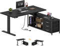 L Shaped Electric Standing Desk with Drawers & Shelves, Height Adjustable Corner Computer Desk with Power Outlets, 55 Inch Sit Stand Executive Desk with 3 Fabric Drawer for Home Office, Black