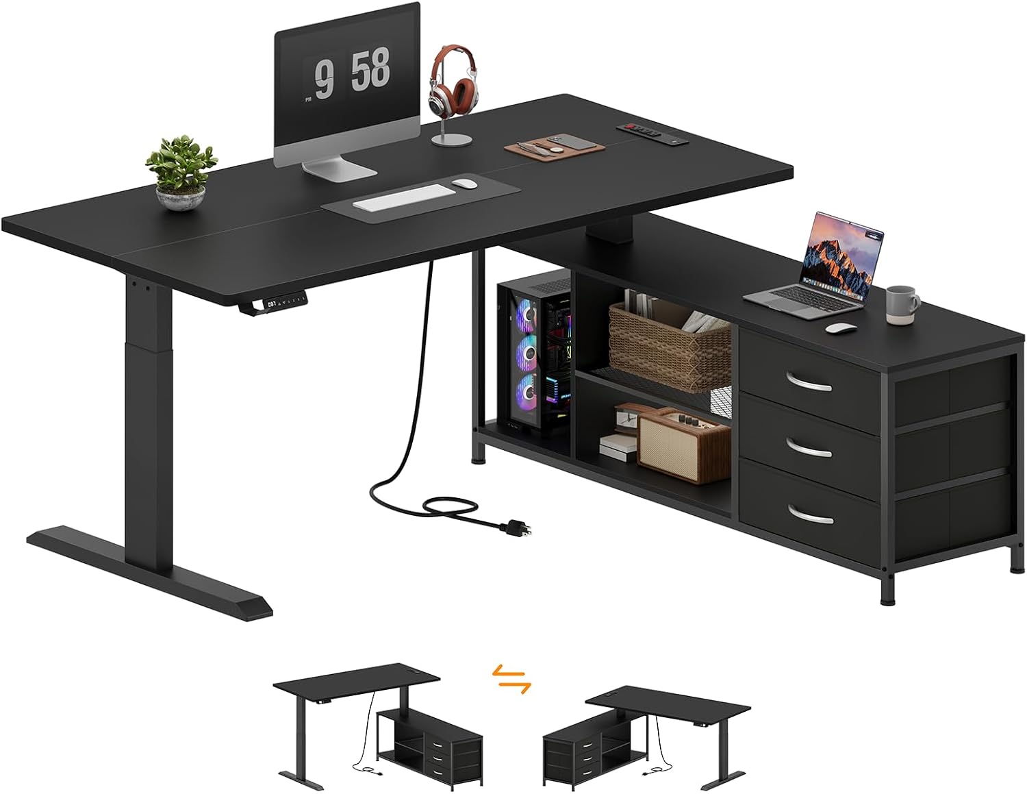 L Shaped Electric Standing Desk with Drawers & Shelves, Height Adjustable Corner Computer Desk with Power Outlets, 55 Inch Sit Stand Executive Desk with 3 Fabric Drawer for Home Office, Black