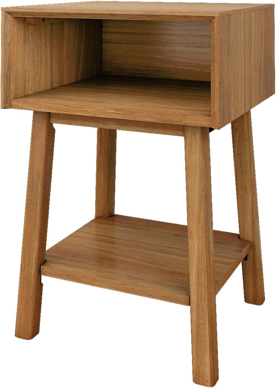 Plank+Beam Wooden Side Table with Cubby Storage Shelf, Mid Century Modern End Tables for Living Room, Small Solid Wood Nightstand, Bedside Tables, Bedroom Furniture, Pecan