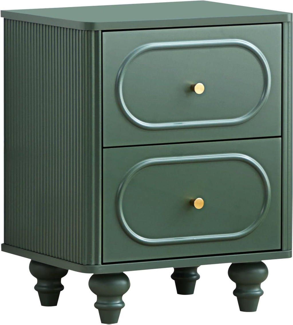 2 Drawer Fluted Nightstand Set of 2, Mid Century Modern Farmhouse Night Stand Small End Table Bedside Table for Bedroom, Green