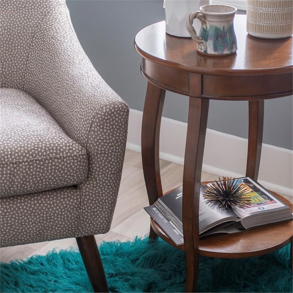 Pemberly Row Round Wood End Table with Shelf, 18.5 in x 18.5 in x 24 in, MDF and Solid Wood, Hazelnut Brown Finish, Contemporary Style, Living Room Accent Table with Storage