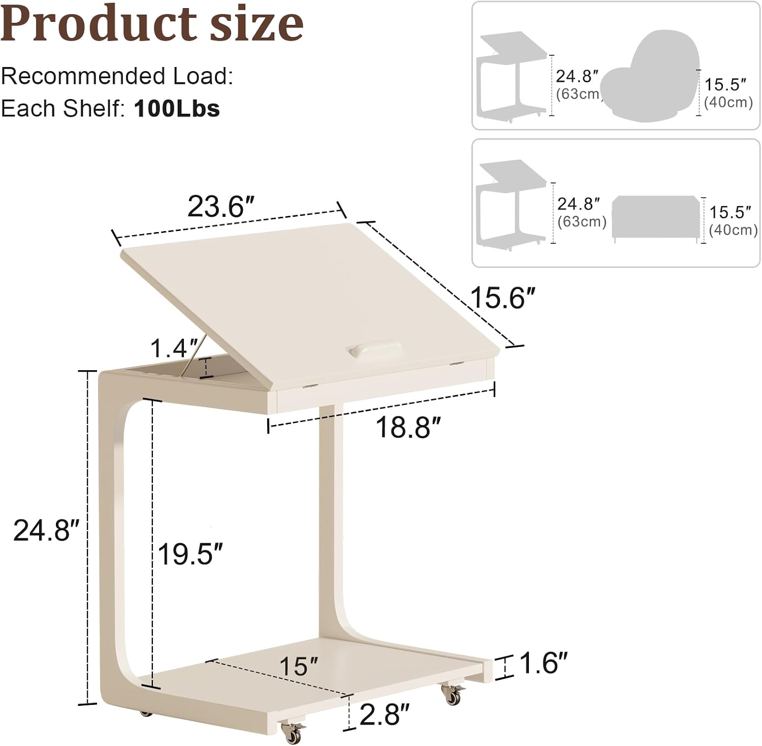 AQIMUELE Wooden C-Shaped End Table,Couch Table with Adjustable Desktop,Small Rolling Side Table with 2 Lockable Wheels 23.6' Width,Small End Table for Couch, Living Room,Bedroom (White)