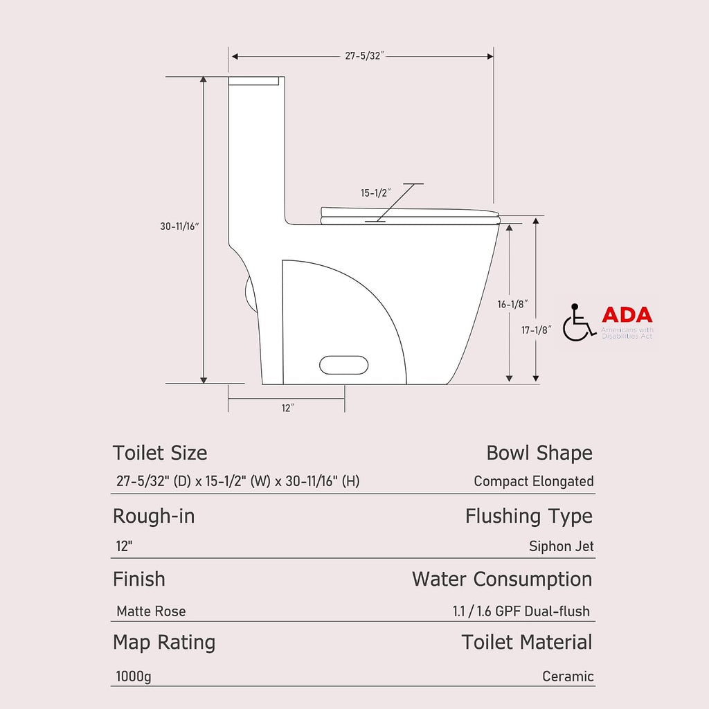 Dual Flush One Toilet, Water Saving Elongated Comfort Height Floor Mounted, Soft Close 1000 Gram Map Flushing SToilet, Rose