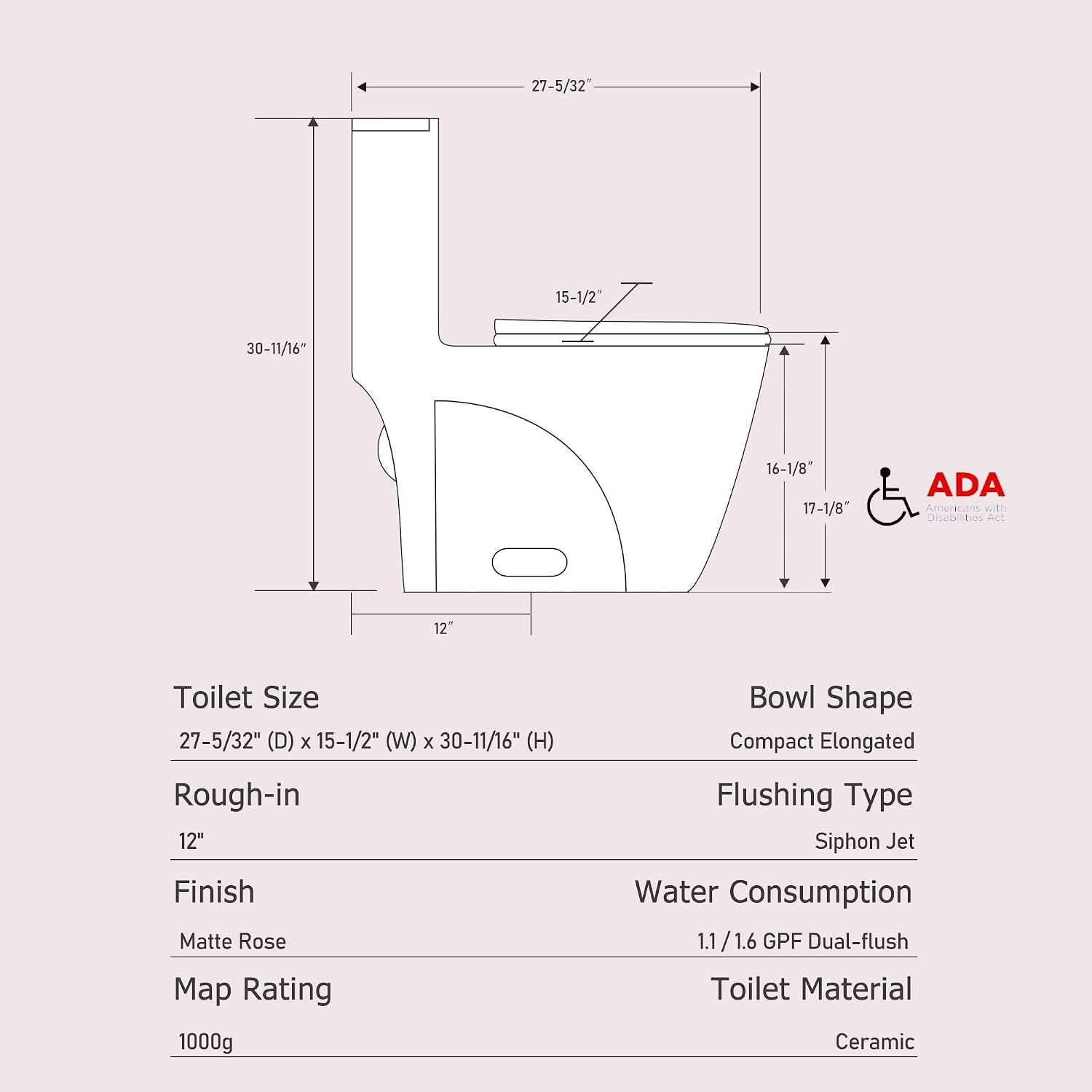 Dual Flush One Toilet, Water Saving Elongated Comfort Height Floor Mounted, Soft Close 1000 Gram Map Flushing SToilet, Rose