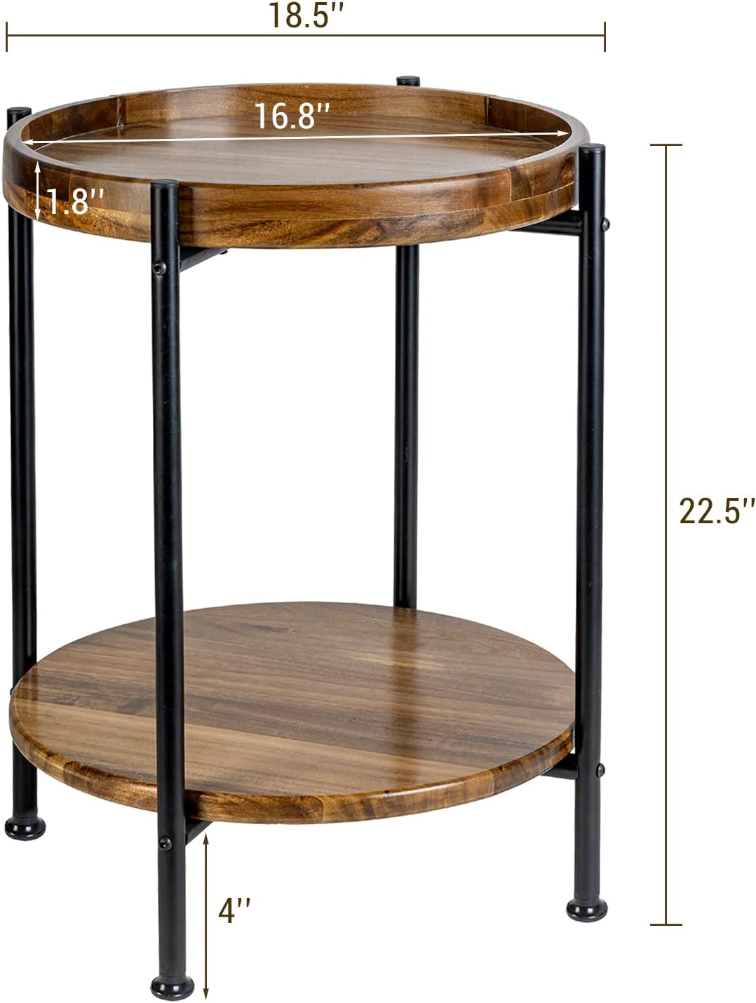 MyGift 2 Tier Round End Table with Premium Acacia Solid Wood Shelf and Black Metal Frame, 22 Inch Tall Side Table Modern Home Living Room or Bedroom Furniture