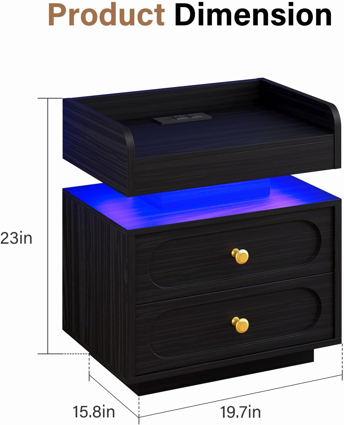 4ever2buy Black Nightstand Set of 2 with Adjustable LED Lights and Charging Station Modern Bedside Tables with 2 Drawers End Tables for Bedroom