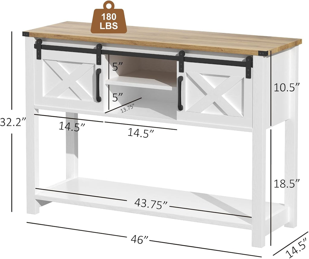 Farmhouse Entryway Table with LED Light, Sofa Table with Sliding Barn Door, Adjustable Open Shelves, 46' Rustic Console Table with Storage, Antique White Hallway for Living Room Bedroom