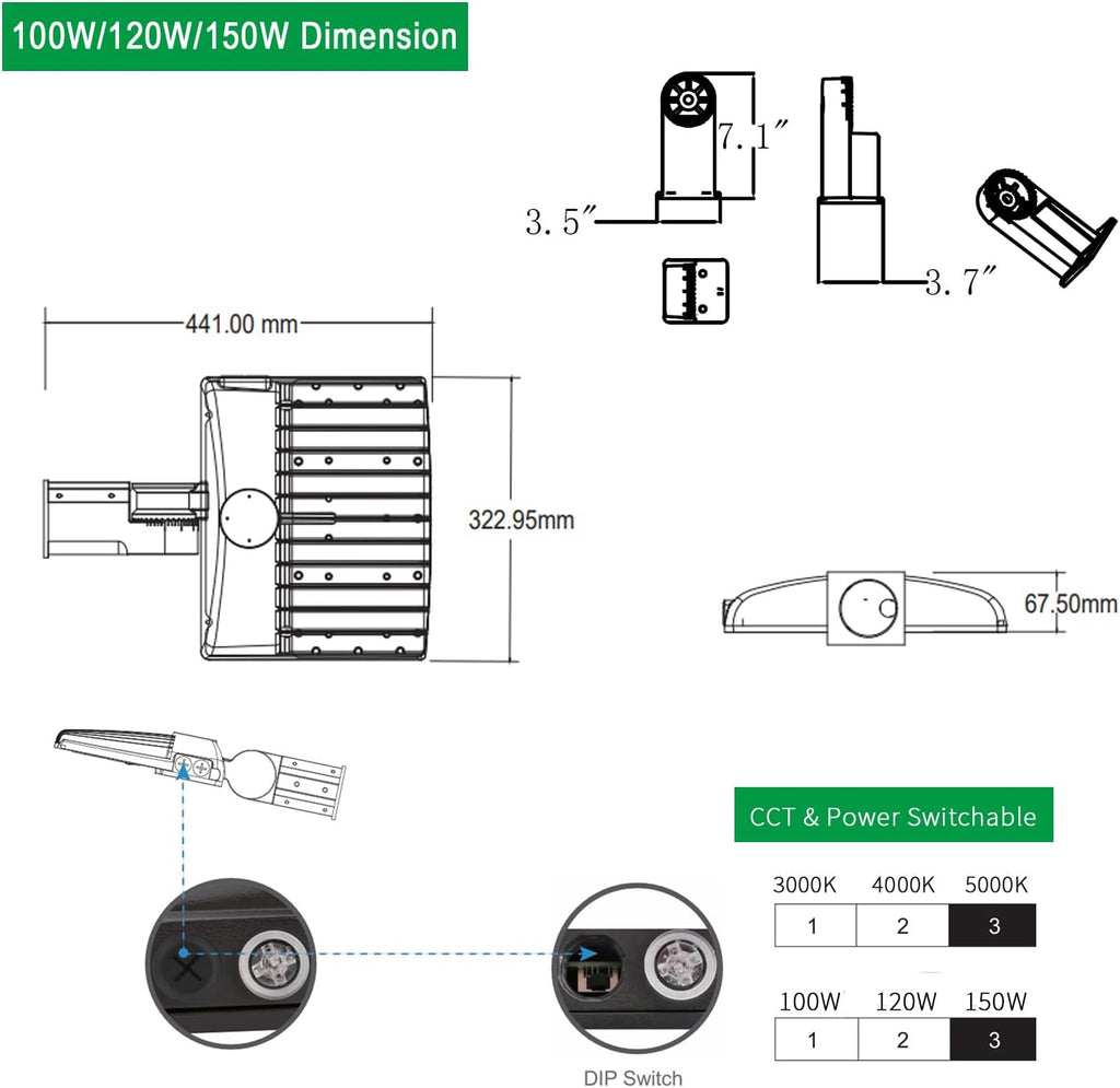 100W 120W 150W Power Switchable LED Parking Lot Light 3000K 4000K 5000K CCT Selectable Outdoor Commercial Street Area Lighting Fixtures Type 3 Bronze 100-277V (DM Bracket for Square Pole)