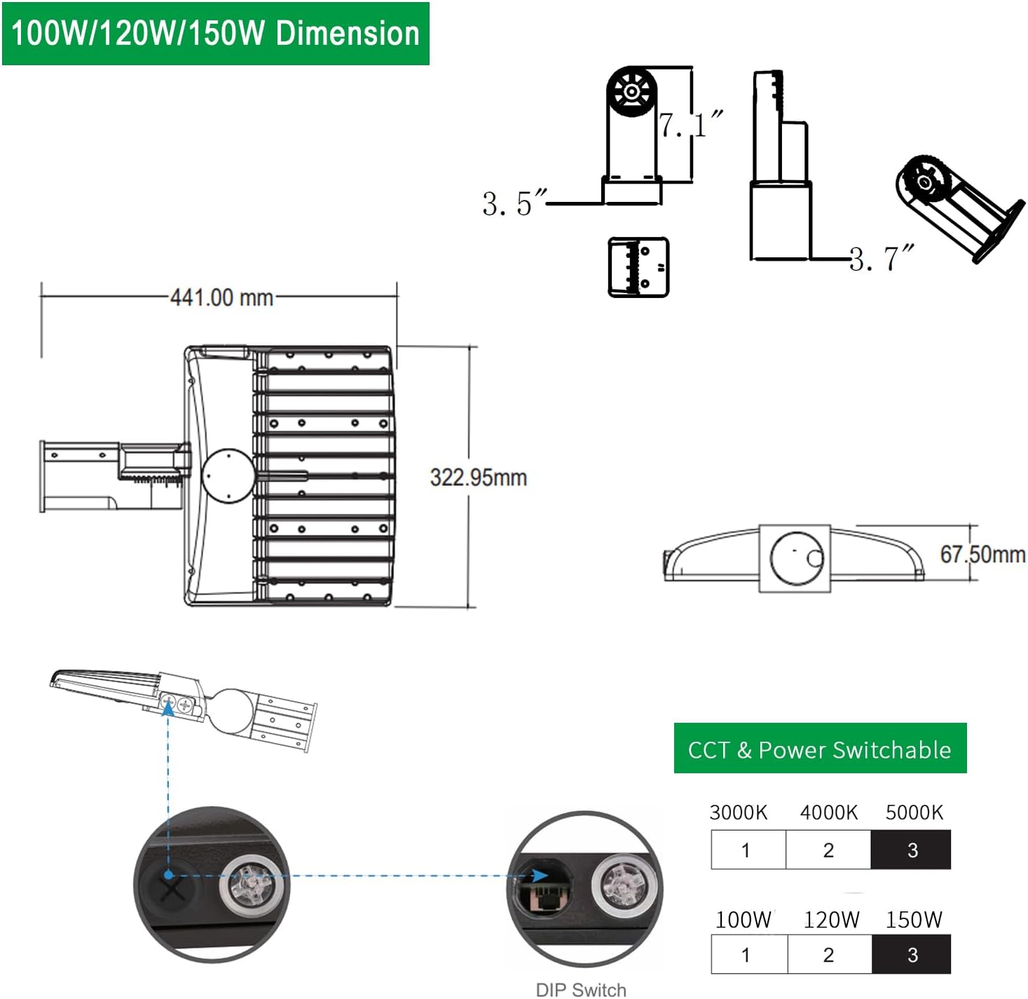100W 120W 150W Power Switchable LED Parking Lot Light 3000K 4000K 5000K CCT Selectable Outdoor Commercial Street Area Lighting Fixtures Type 3 Bronze 100-277V (DM Bracket for Square Pole)