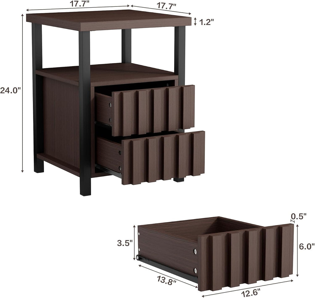 UEV Mid Century Modern 3-Piece Living Room Set, Walnut TV Stand Cabinet and 2 End Tables Set, Nightstand Set of 2, Wood Fluted TV Stand Sofa Side Table with 2 Drawers and Open Shelf for Living Room