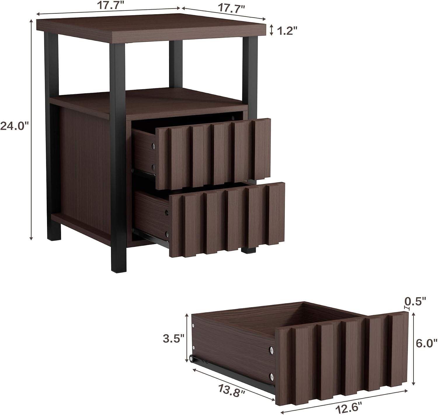 UEV Mid Century Modern 3-Piece Living Room Set, Walnut TV Stand Cabinet and 2 End Tables Set, Nightstand Set of 2, Wood Fluted TV Stand Sofa Side Table with 2 Drawers and Open Shelf for Living Room