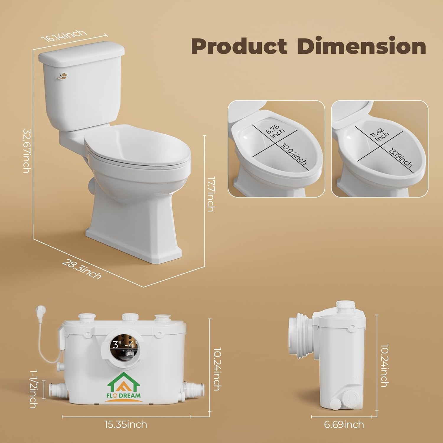 Macerating Toilet with Pump, Two-Piece Upflush Toilet For Basement, Powerful & Quiet Macerating Pump System With 3 Water Inlet & Ac Vent, 36ft Vertically, Elongated Bowl oct4