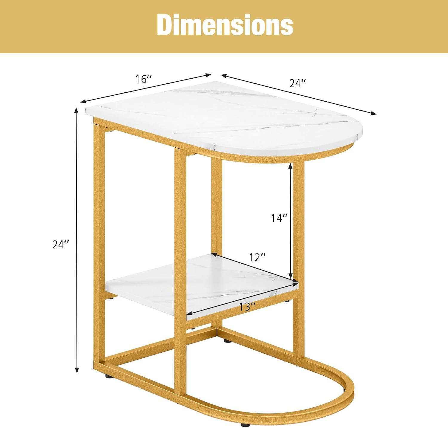Giantex C Shaped End Table Set of 2, Modern Sofa Side Table with Faux Marble Tabletop & Storage Shelf, Slide Under Sofa Bed, 2-Tier Couch Table for Small Spaces Living Room Bedroom, White