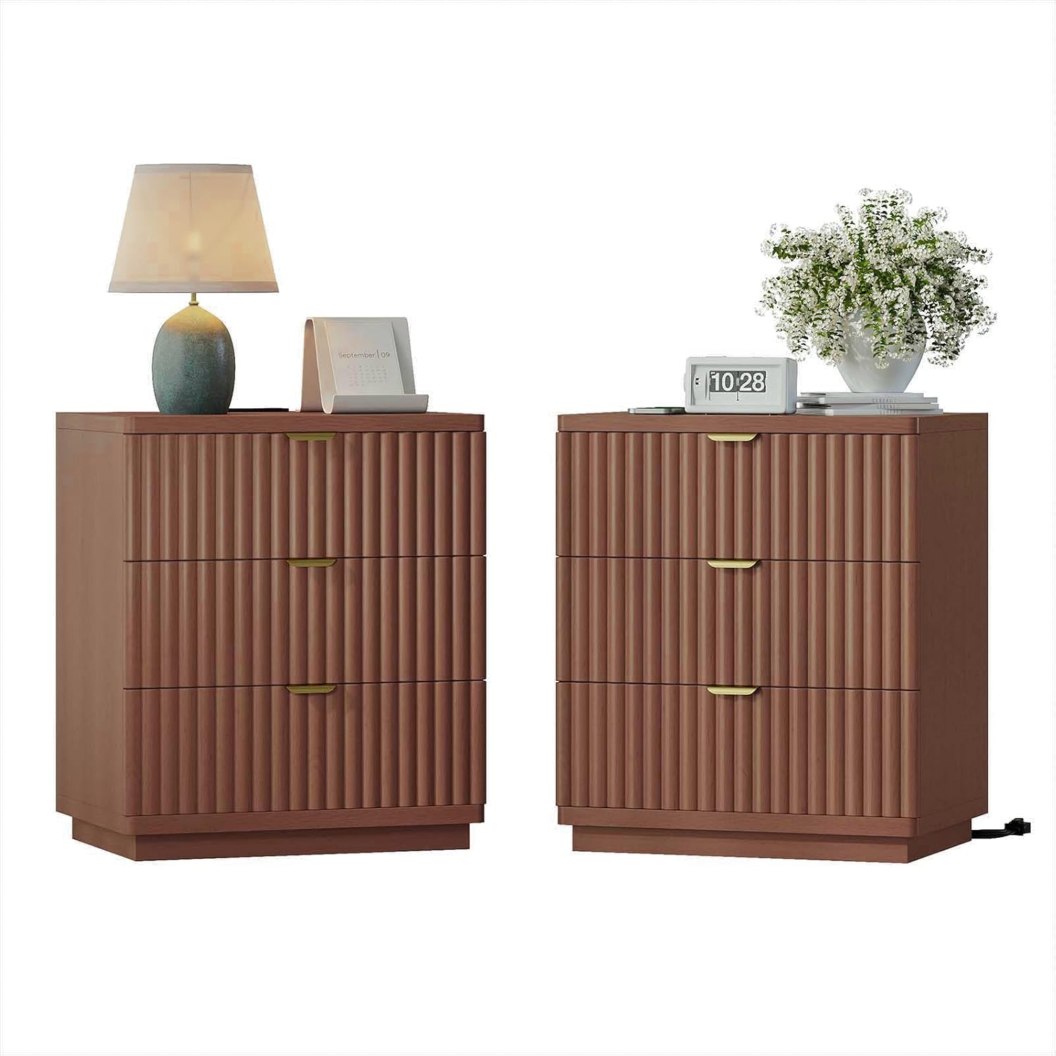 Nightstand with Charging Station, Wood Night Stand with 3 Drawers Storage Bedside Table Large Fluted Bed Side End Table, Modern Nightstand for Bedroom Living Room (Walmut)