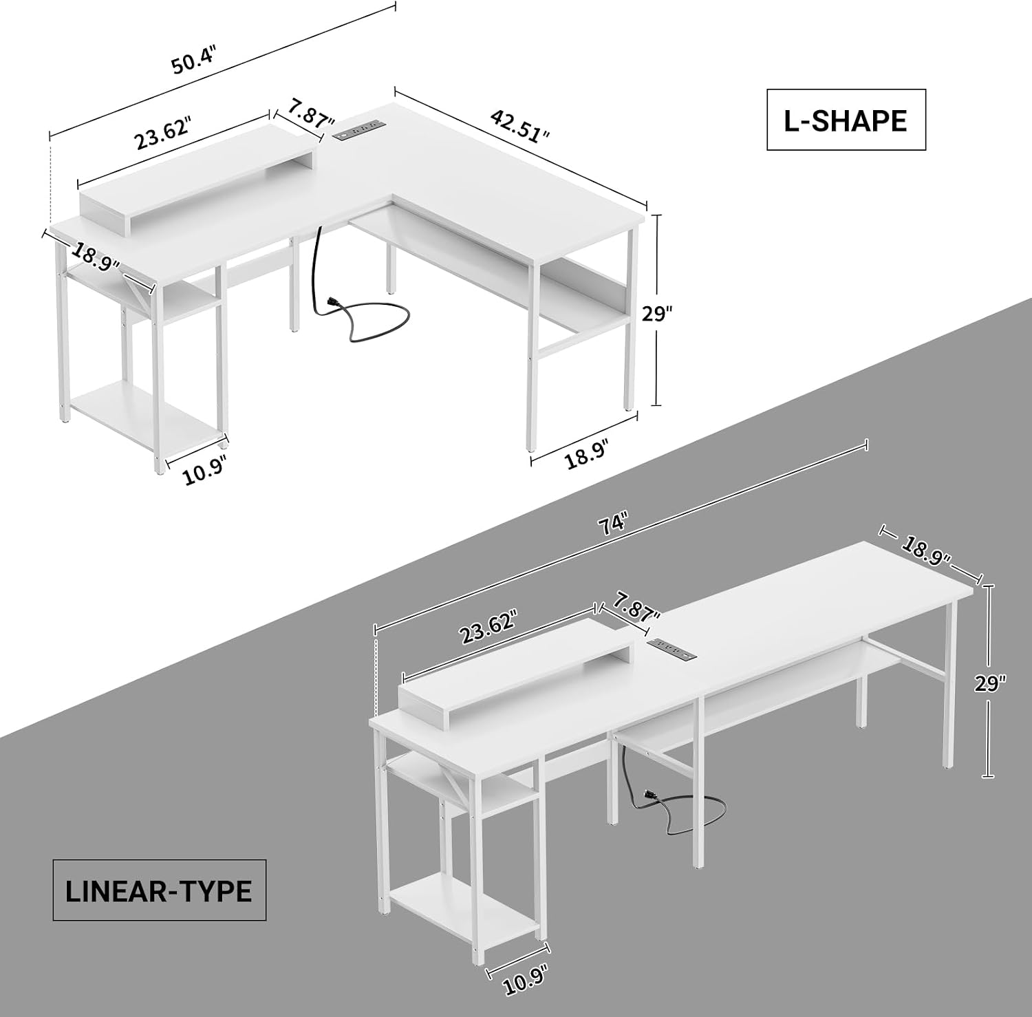 Unikito Reversible L Shaped Computer Desk with Power Outlets and Monitor Stand, Sturdy Corner Desk with RGB LED Light and Storage Shelves, Modern Work Desk for Home Office, Easy to Assemble, White
