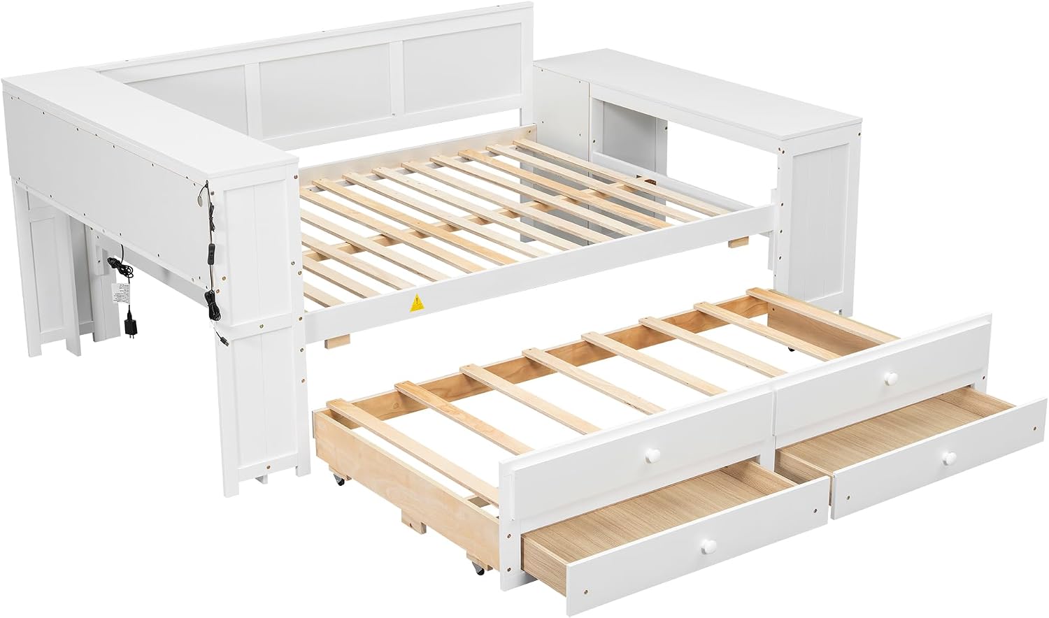 Merax Corner Full Bed Frame with Desk and Led Lights,Wood Platform Bed Frame with Trundle and 2 Drawers,Full Size Daybed with Storage and Charging Station for Living Room,Bedroom,Guest Room,White