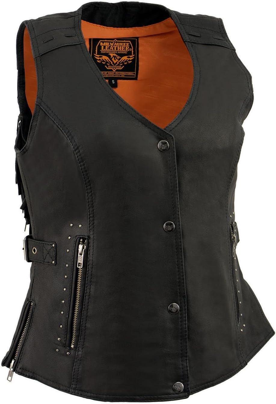 Milwaukee Leather MLL4565 Women's Black Fringed Leather Rivet Detail Side Buckle and Zipper Motorcycle Rider Vest