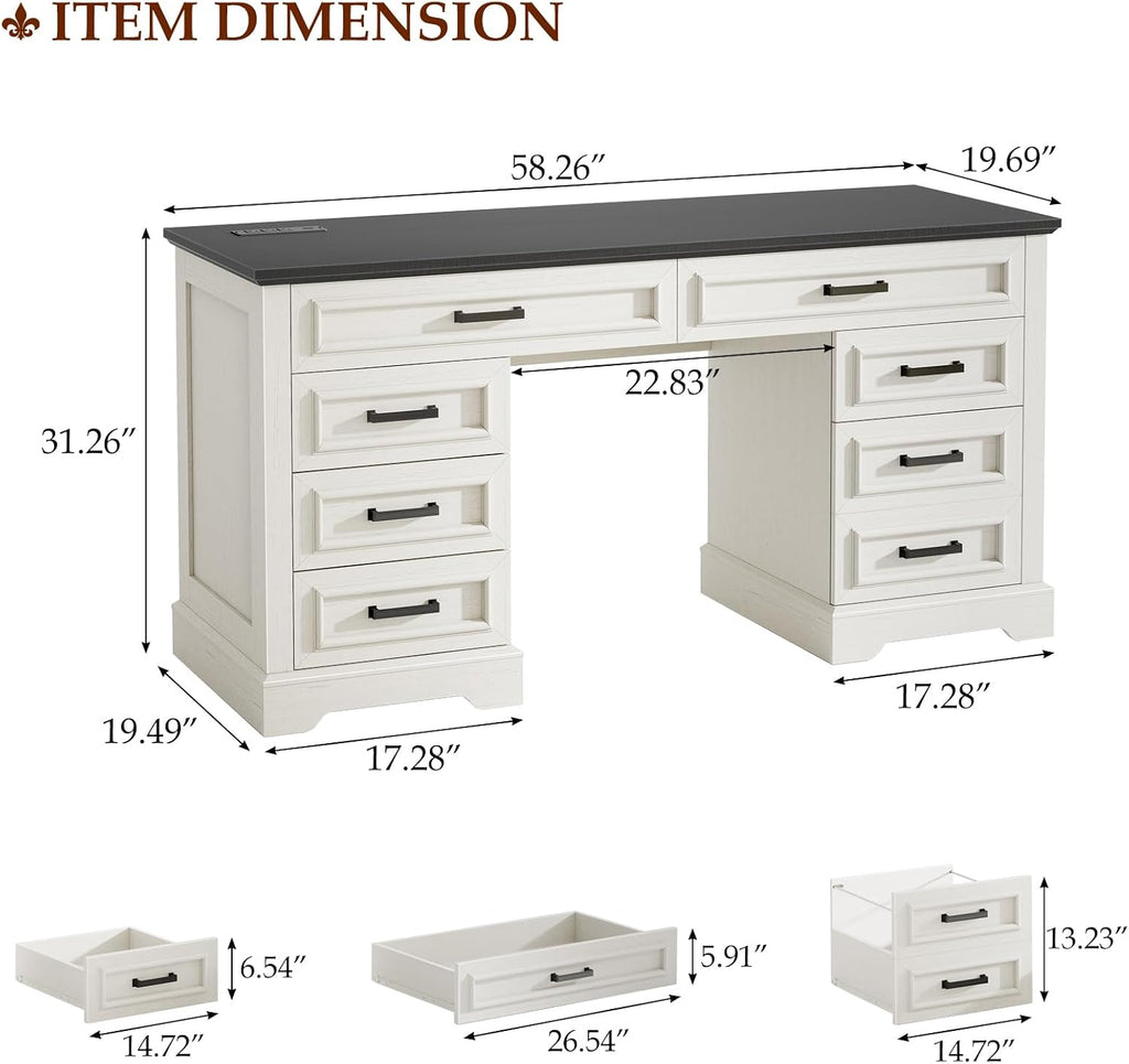 58' Executive Desk with 7 Drawers, Large Computer Desk with Charging Station , Wood Home Office Desk with File Drawer for Letter/A4 Size Hanging Files for Home Office,Rustic White and Rustic Black