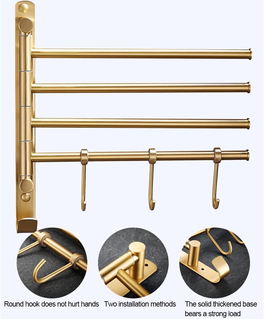 Towel Racks,Towel Holder Towel Rail for Bathroom, All-Copper Bathroom Hand Towel Holder, Brushed Rotating Towel Bar, Bathroom Drying Rack Multi-Rod Hanger/Black Gold 4 Rods with Hooks/a Dign
