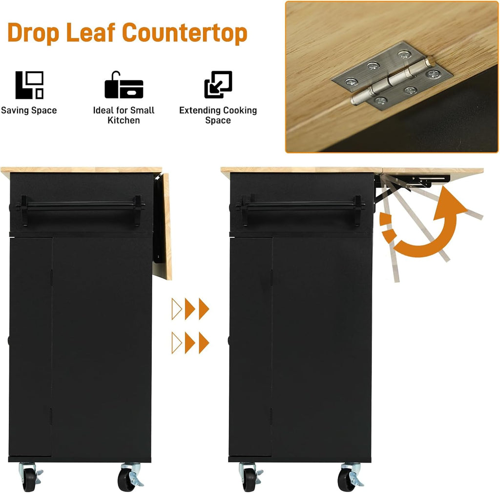 Squireewo 55' Kitchen Cart with Wood Top and Drop Leaf Breakfast Bar, Rolling Mobile Kitchen Island Table on Wheels with Drawer and Storage Cabinet, Spice Rack, Towel Rack, Black