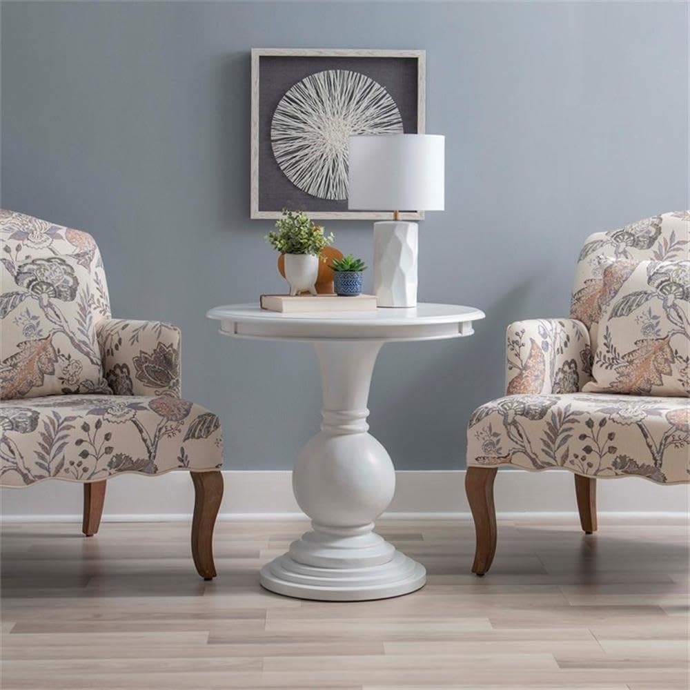 MAKLAINE Round Accent Table, 26.5 in Height, White Wood Finish, Pedestal Base, Stepped Design, Compact Living Room or Bathroom Side Table, Spacious 26.25 in Top, Supports Up to 50 lbs
