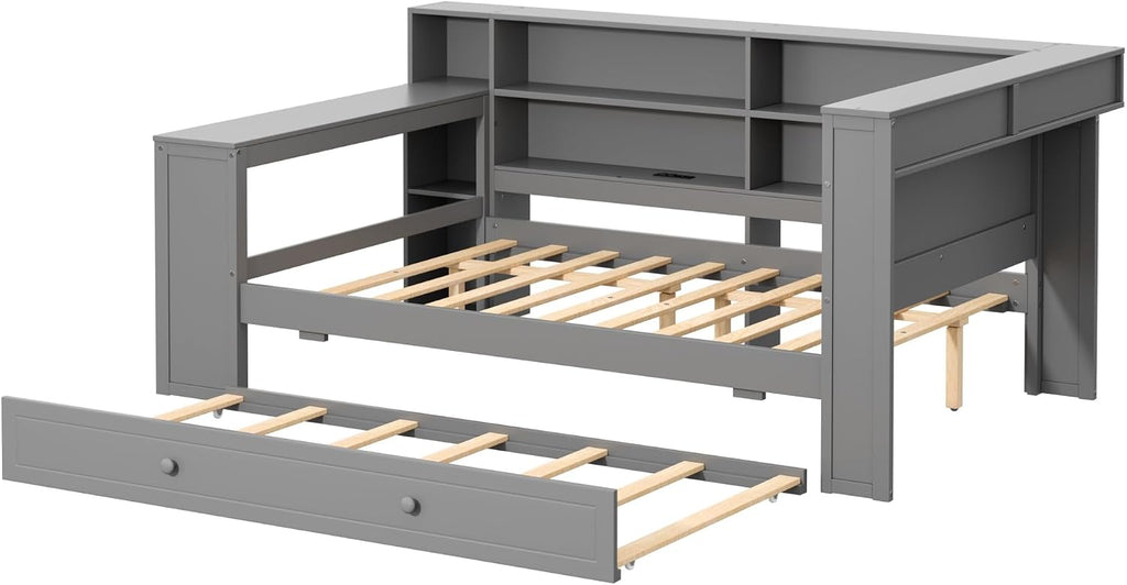 Bellemave Full Corner Bed with Bookcase Storage and LED Lights, Wooden Platform Bed Frame with Desk and Twin Trundle, Full Daybed with Upholstered Headboard and Charging Station, Grey