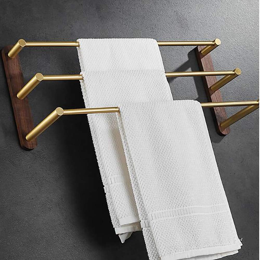 Tower Rack with 3 Bars, Towel Bar Black Walnut and Aluminum Rails Heavy Duty Holder Wall Mounted Storage for Bathroom, Kitchen, Hotel, Brushed Gold,48cm