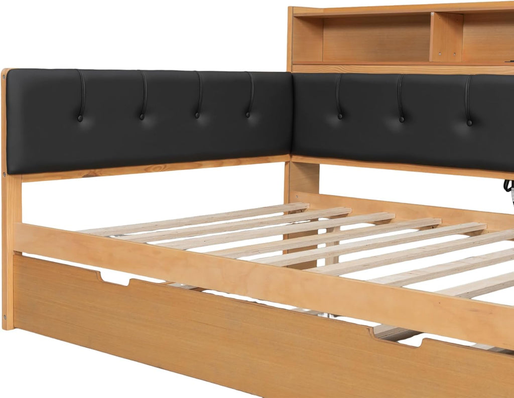 Harper & Bright Designs Full Size Daybed Sofa Bed with Trundle and L-Shaped Upholstered Headboard, Wooden Corner Platform Bed Frame with Storage Shelves, Bench, Charging Station, Natural Color+Black
