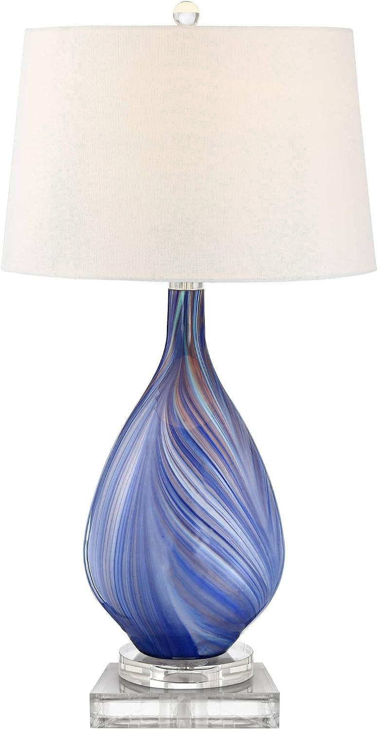 Possini Euro Design Taylor Modern Coastal Table Lamp with Square Riser 30.5' Tall Blue Art Glass White Fabric Shade for Living Room Bedroom House Bedside Nightstand Home Office (Color May Vary)