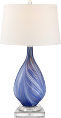 Possini Euro Design Taylor Modern Coastal Table Lamp with Square Riser 30.5' Tall Blue Art Glass White Fabric Shade for Living Room Bedroom House Bedside Nightstand Home Office (Color May Vary)