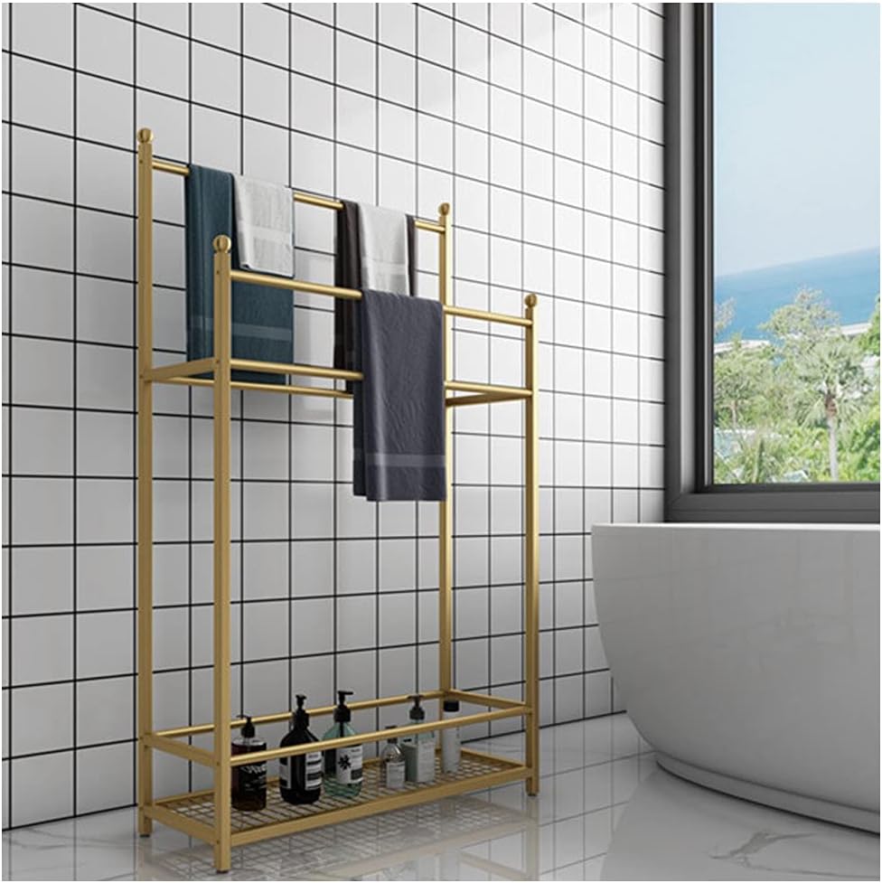 Exquisite Bathroom Shelves Beach Towel Drying Rack Freestanding Outdoor Towel Holder Stand with Bottom Storage Shelf and 4 Bars, Metal Towel Ladder Rack for Bathroom, Kitchen, Washroom