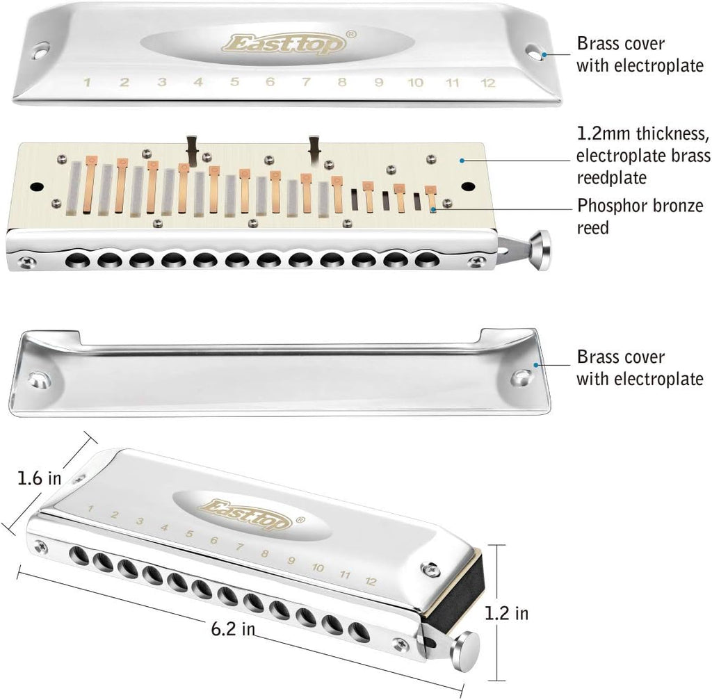 East top Chromatic Harmonica Key of C,12 Holes 48 Tones Professional Stainless Steel Mouth Organ Harmonica for Adults, Professionals and Students (SR)
