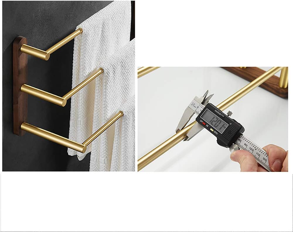 Tower Rack with 3 Bars, Towel Bar Black Walnut and Aluminum Rails Heavy Duty Holder Wall Mounted Storage for Bathroom, Kitchen, Hotel, Brushed Gold,48cm