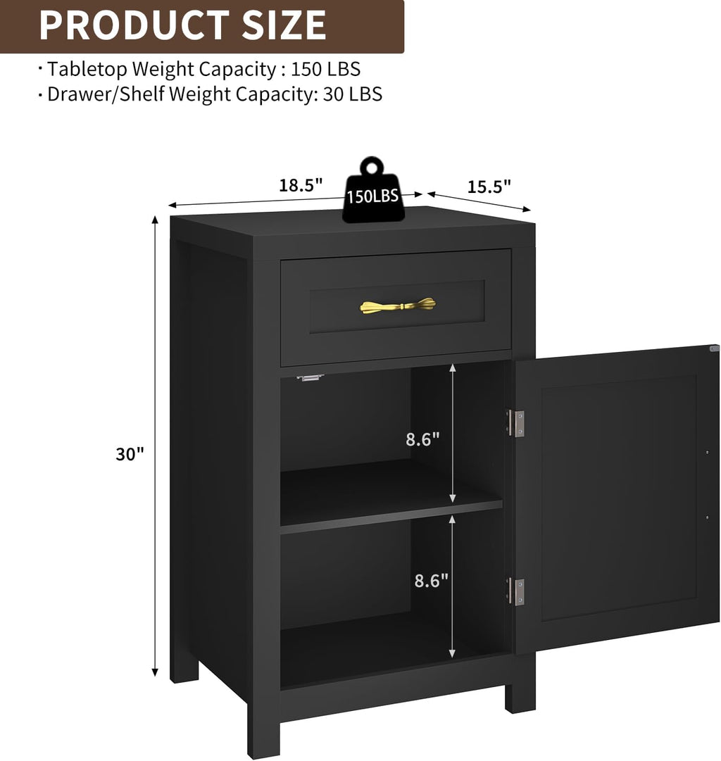 Black Nightstand Set of 2 with Drawer, Farmhouse End Table with Storage Cabinet and Adjustable Shelf, 30' Tall Bedside Table Rustic Wood Sofa Side Table for Living Room, Bedroom