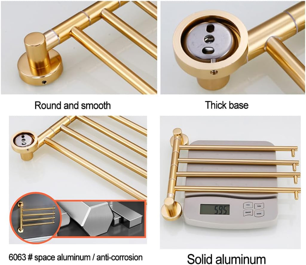 Towel Bar Vintage Swing Out Holder Wall-Mounted/Black Gold Swivel Towel Rack Hanger Organizer for Bathroom,Kitchen,Folding Arm Swivel Hanger Bathroom Stora gold-4bars