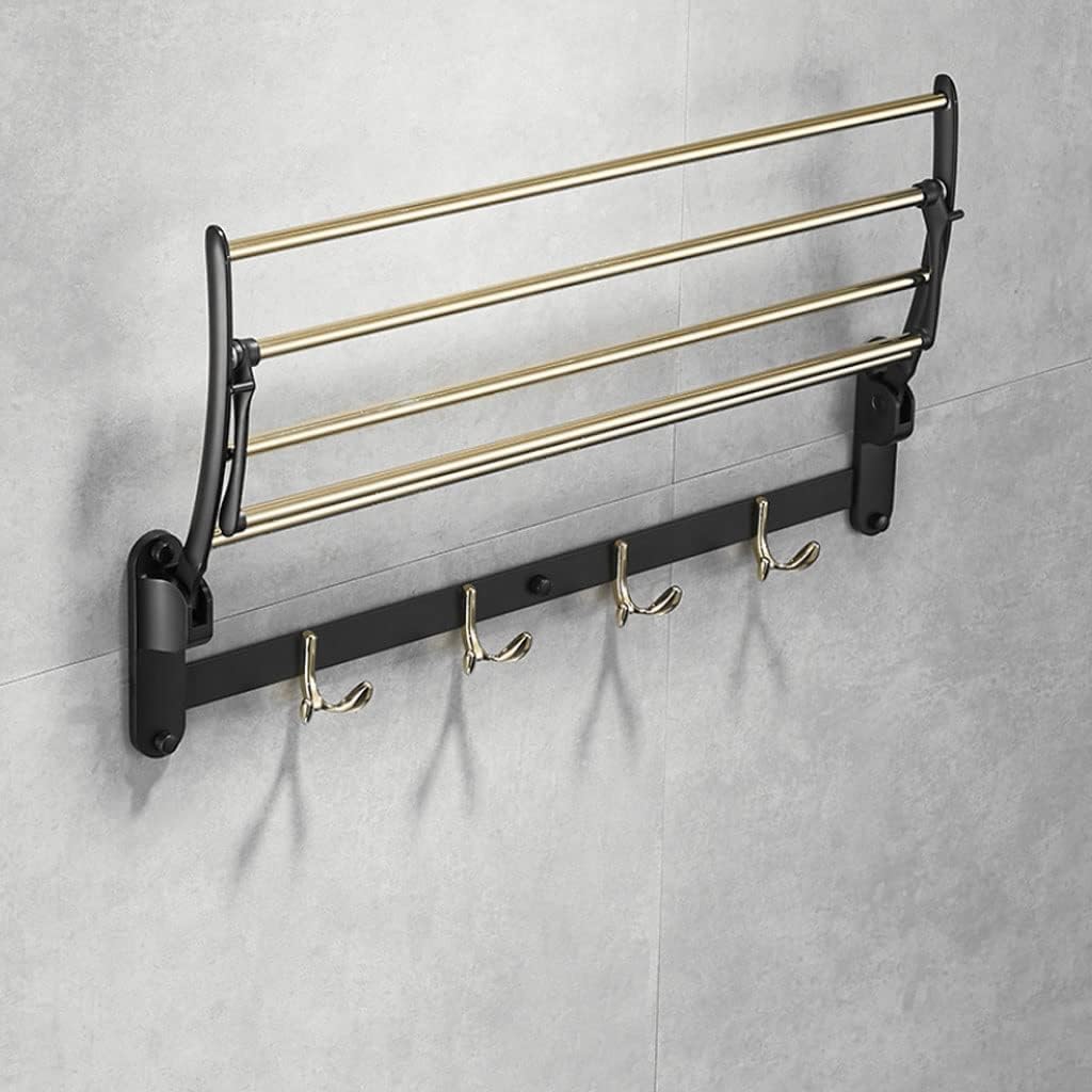 Towel Rack Towel Rail Stainless Steel Folding Towel Rack with 4 Hooks Wall Mounted Towel Holder Light Bathroom Towel Shelf Bath Towel Bar Towel Bar Towel Holder/A-Black Gold/60Cm