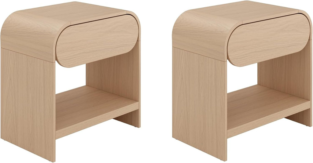 Nathan James Iris Mid-Century Modern Nightstand with Drawer, End Table with Storage for Bedroom or Living Room with Rounded Silhouette, Light Oak Set of 2