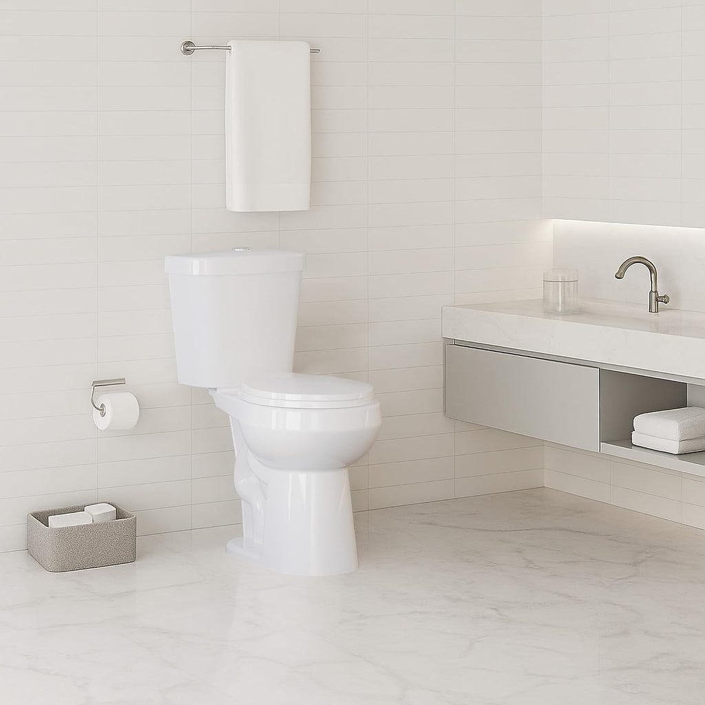 Two-Piece Toilet Chair-Height – Round Bathroom Toilet with Top Dual-Flush Buttons, Comfortable High-Rise Toilet for Seniors, Adults, and Compact Bathrooms